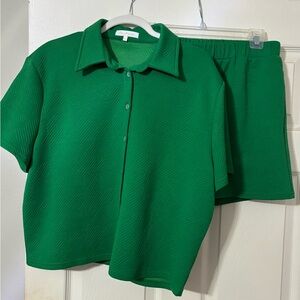 Ces Femme Green Textured Short-Sleeve Button Front Top